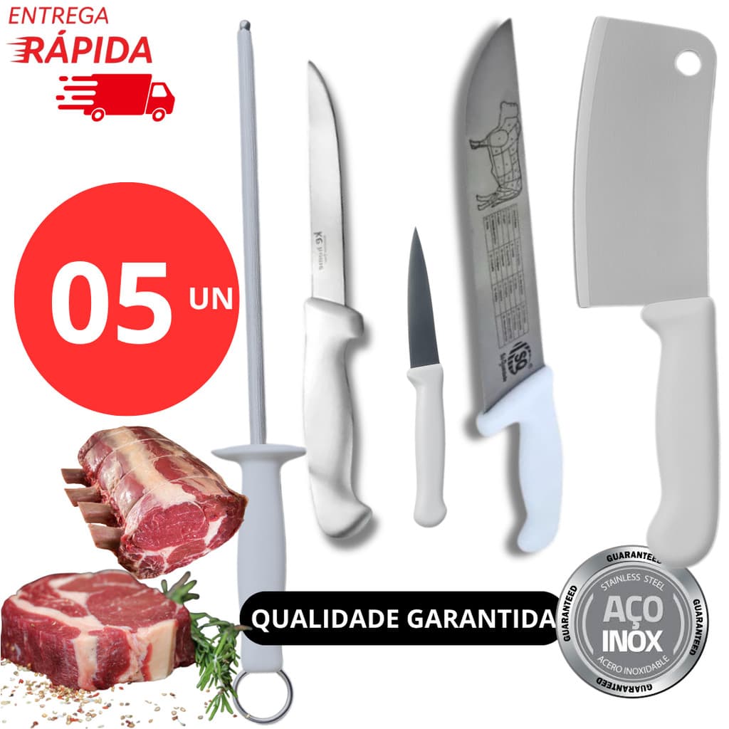 Jogo 05 Facas Profissional Faca para Açougueiro Cutelo e Faca Churrasqueiro Cutelo Restaurante