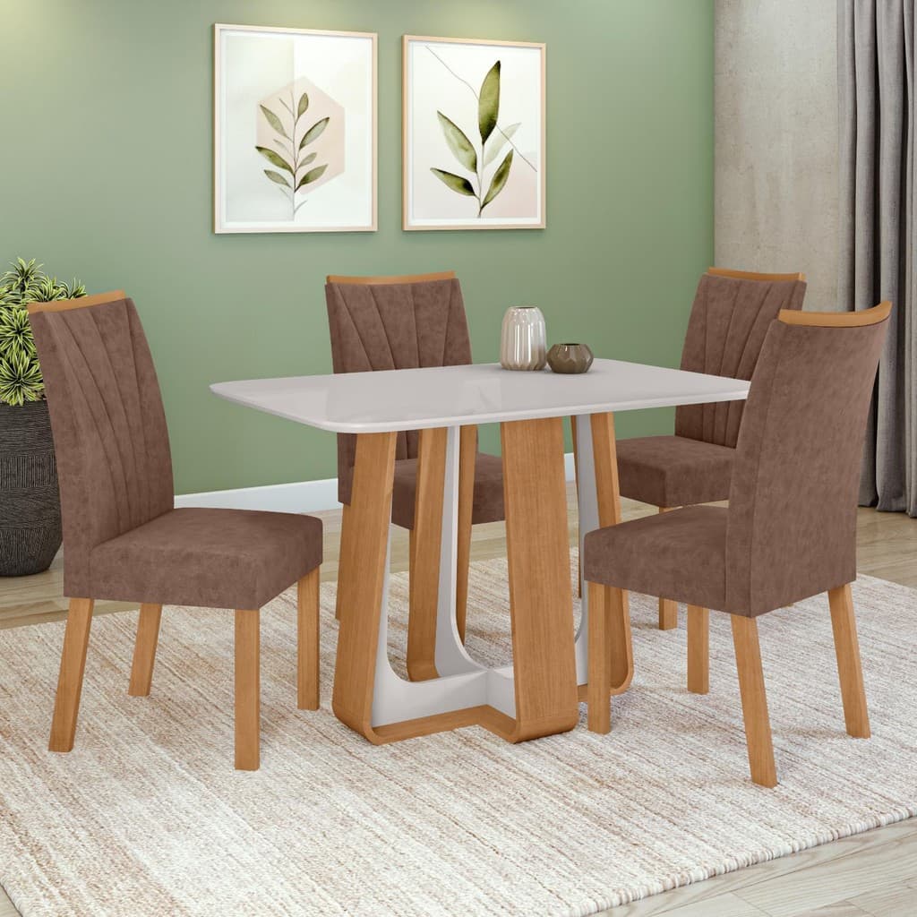 Conjunto de sala de jantar com mesa de vidro branco e cadeiras de couro avelã