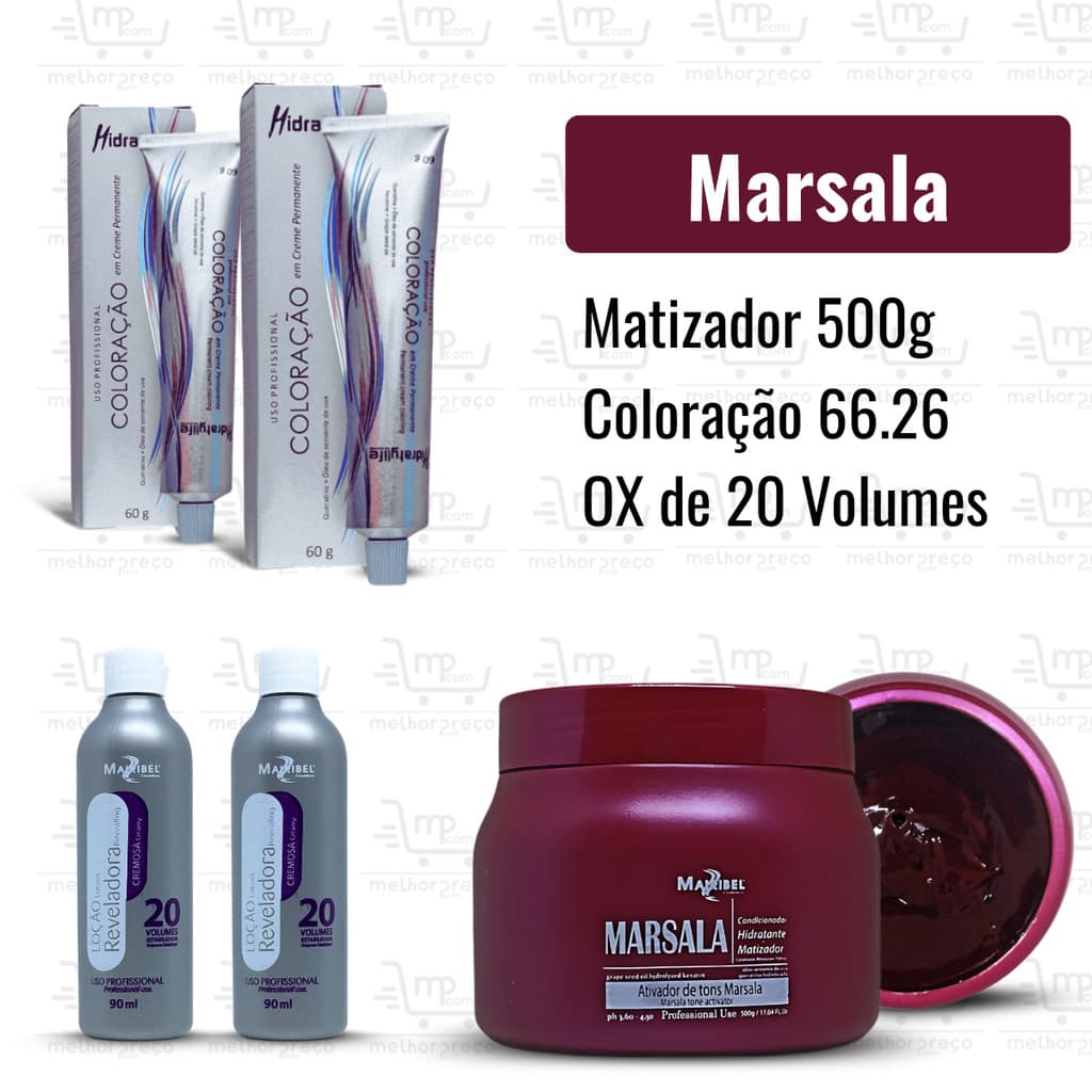Combo Cabelos Vinho Marsala com Coloração 66.26 + Matizador Marsala 500g + OX 20 vol. Mairibel