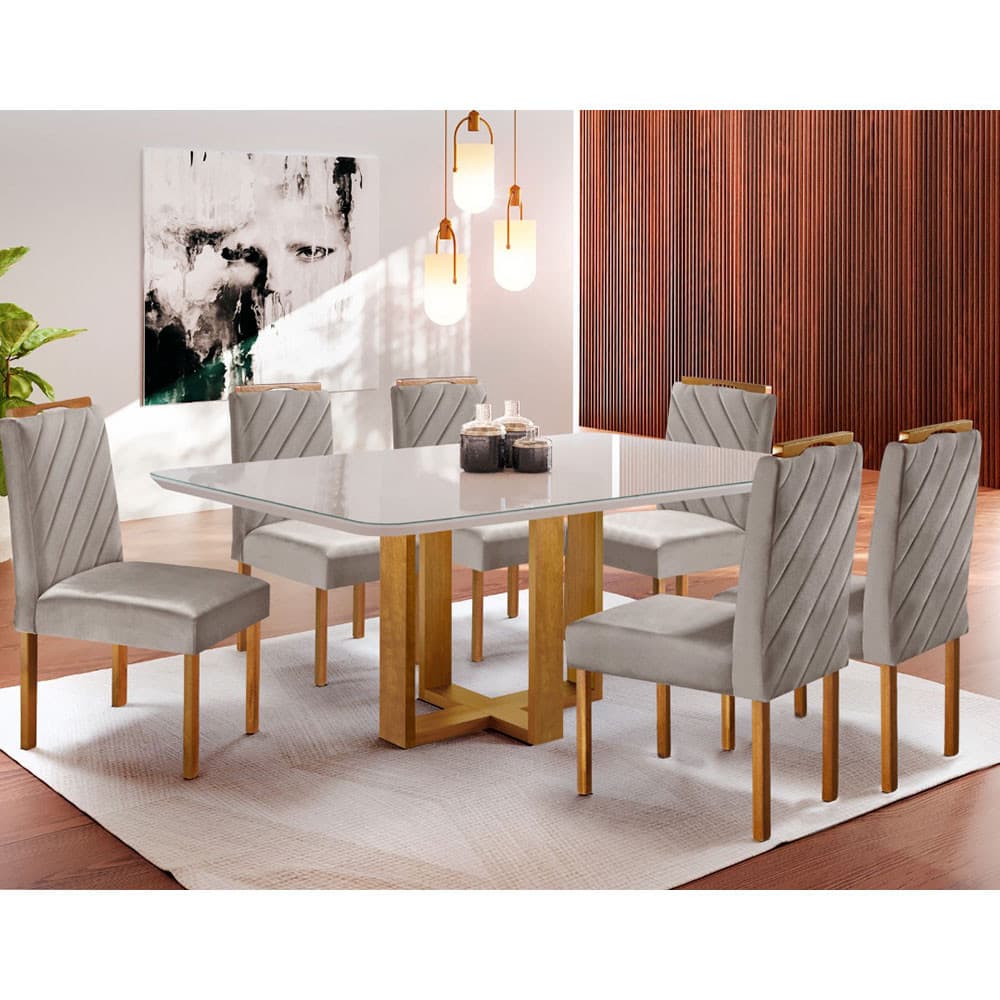 Conjunto de mesa e cadeiras de jantar 6 lugares com estofado em veludo cinza - Móveis Mix