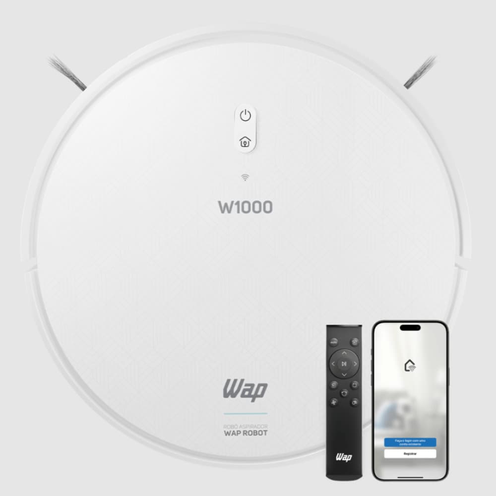 Aspirador robô W1000 branco com controle remoto e smartphone mostrando aplicação