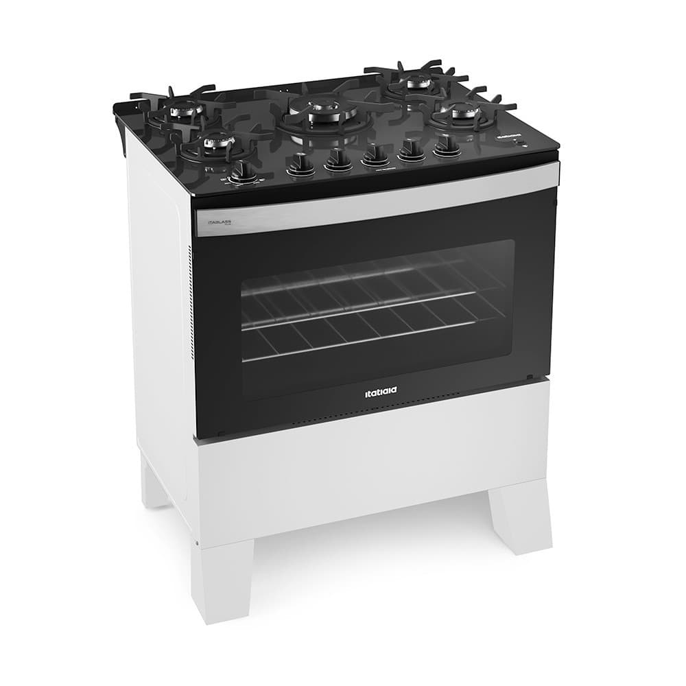 Fogão Itatiaia Itaglass Plus 5 Bocas com Acendimento Automático e Mesa de Vidro, vidro preto e branco