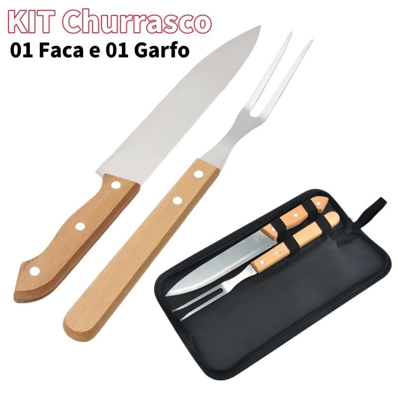 Conjunto de ferramentas para churrasco de aço inoxidável com cabo de madeira 01 Faca e 01 Garfo
