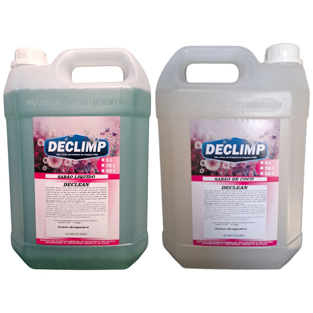 Kit limpeza roupas sabão líquido 5L e sabão de coco 5L Declimp