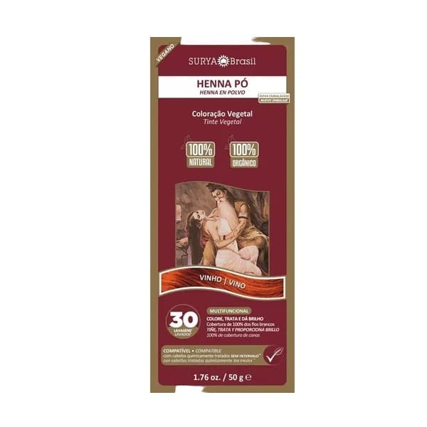 Tintura Natural Vegana Henna Pó Surya Coloração Vinho