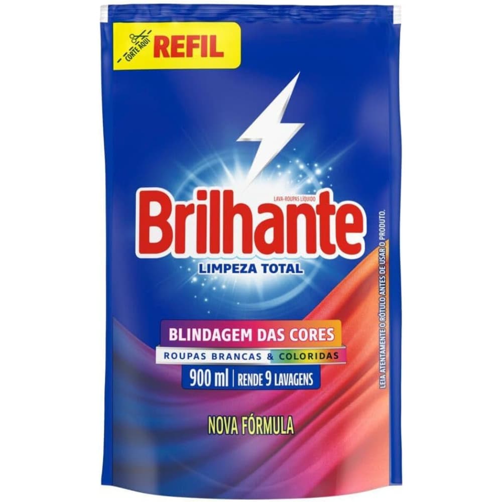 Refil de sabão líquido Brilhante Limpeza Total 900ml, nova fórmula, azul e branco