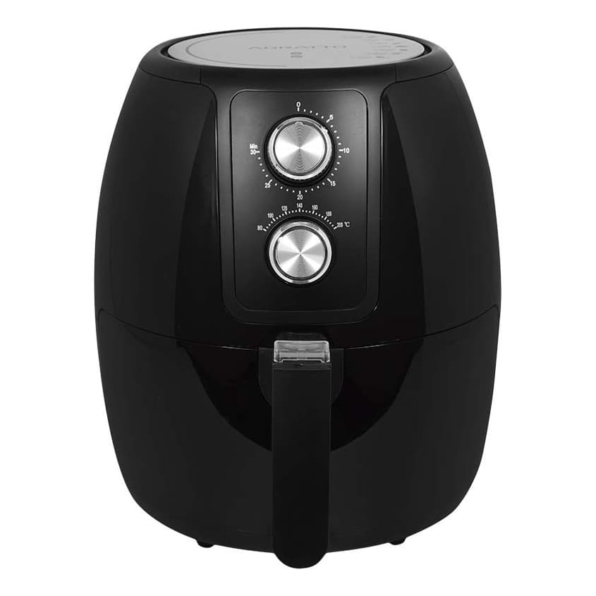 Fritadeira elétrica preta com controle rotativo e alça de metal