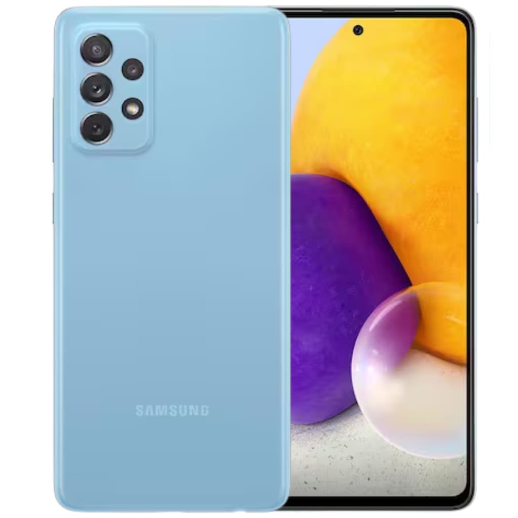 Smartphone Samsung Galaxy A72 128GB em cor azul claro, parte traseira com câmeras e logo da Samsung
