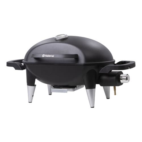 Churrasqueira a gás de mesa portátil preta e prata com queimador