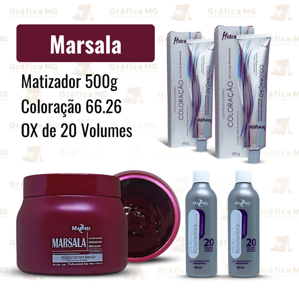 Combo Cabelos Vinho Marsala com Coloração 66.26 + Matizador Marsala 500g + OX 20 vol. Mairibel