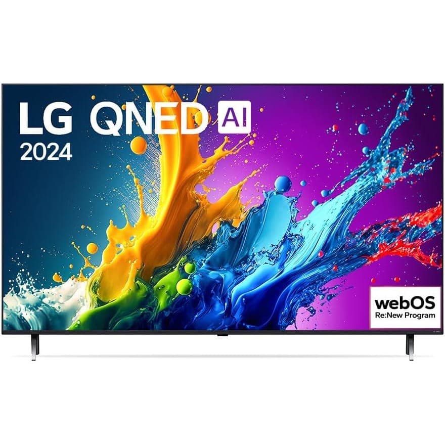 Smart TV LG QNED 55QNED80T ASHED BLUE com tecnologia AI e resolução 4K em fundo colorido.