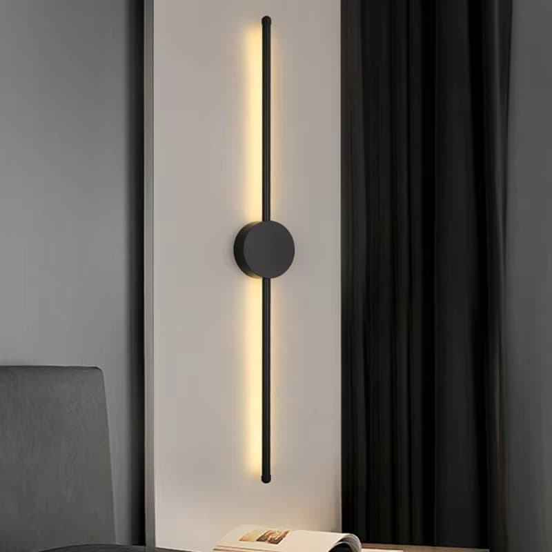Luminária de parede minimalista moderna com haste linear e disco circular, cor preta