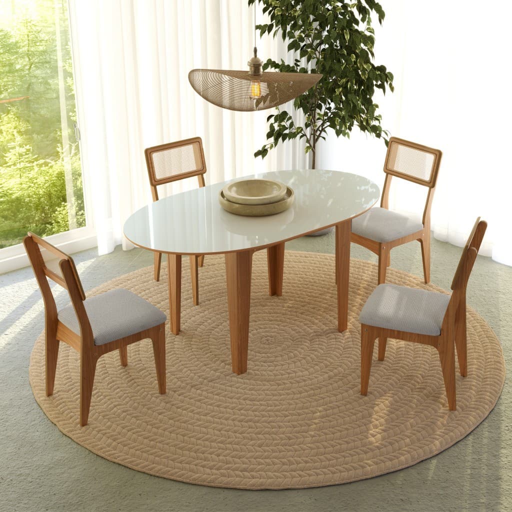 Conjunto de mesa extensível e cadeiras rústicas para sala de jantar com design moderno.
