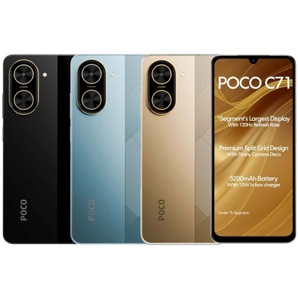 Smartphone Xiaomi Poco C71 em quatro cores: preto, azul, dourado e prata, mostrando câmera traseira e logotipo POCO.