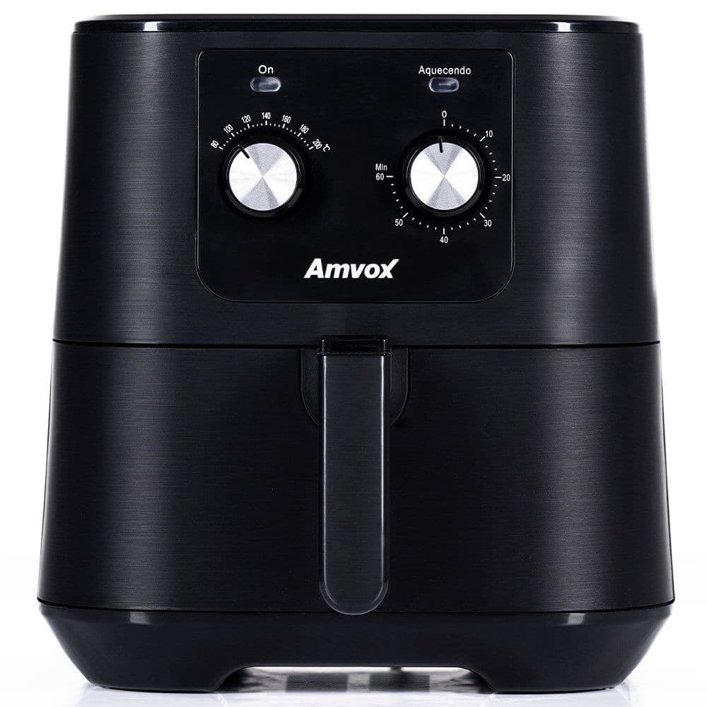 Fritadeira elétrica sem óleo Amvox ARF 1255, cor preta, com controles visíveis, ângulo frontal, fundo branco