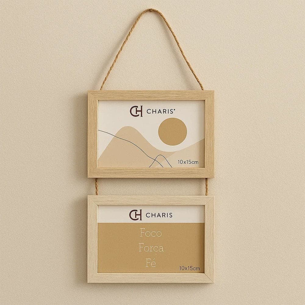 Porta retrato duplo suspenso MDF marrom com moldura de madeira e texto branco, 10x15cm