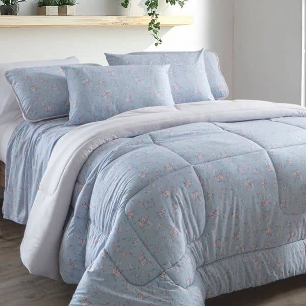 Edredom King Vick com estampa floral azul e branco, cama decorada