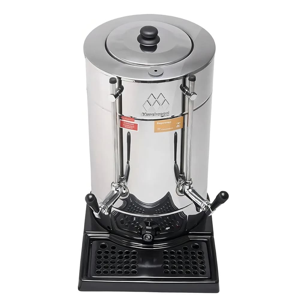 Cafeteira elétrica 4 litros Marchesoni, aço inoxidável e preto, 220V, com bicos de café e logotipo distintivo