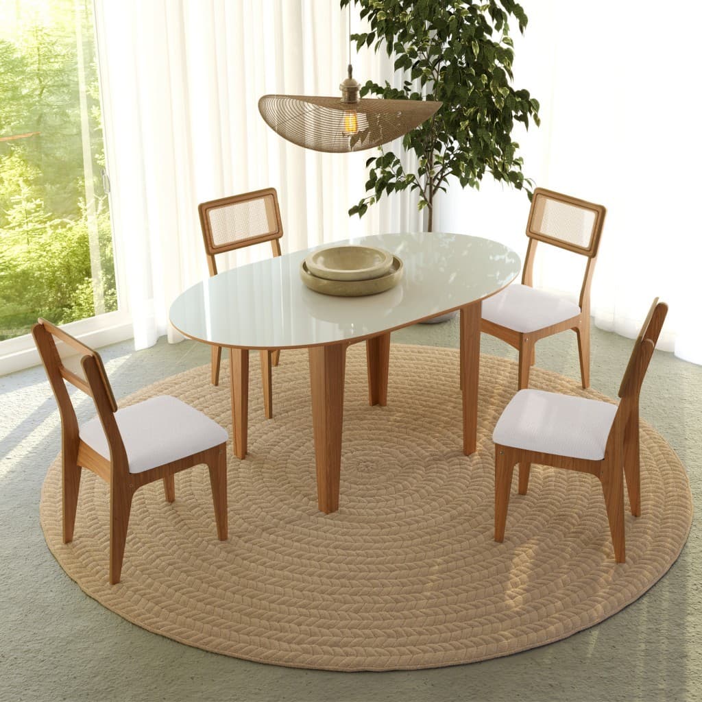 Conjunto de mesa extensível oval e cadeiras com tela sintética, freijó e off-white, ambiente bem iluminado