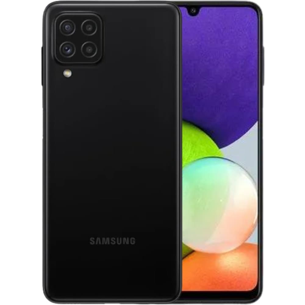 Smartphone Samsung Galaxy A22 128GB 6GB RAM 48MP Tela Super Amoled 6.4'' - Visível a parte traseira do smartphone em cor preta