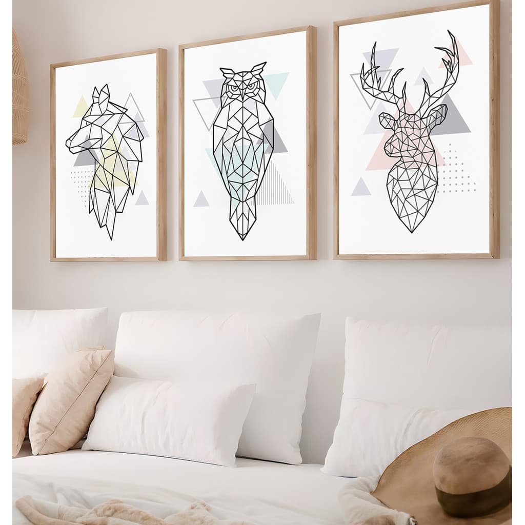 Kit 3 Quadros Animais Geometricos Preto Minimalista Luxo Geométrico Sala Moderna Elegante Parede