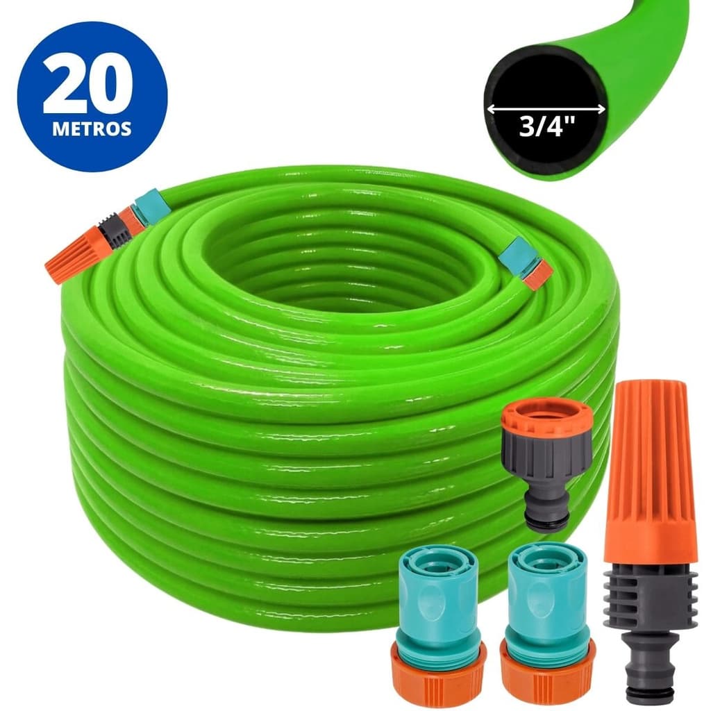 Mangueira De Jardim 20m Metros + Esguicho C/ Jato Regulável + Engate Rápido 3/4" e 5/8" + Bico Torneira Engate Rápido