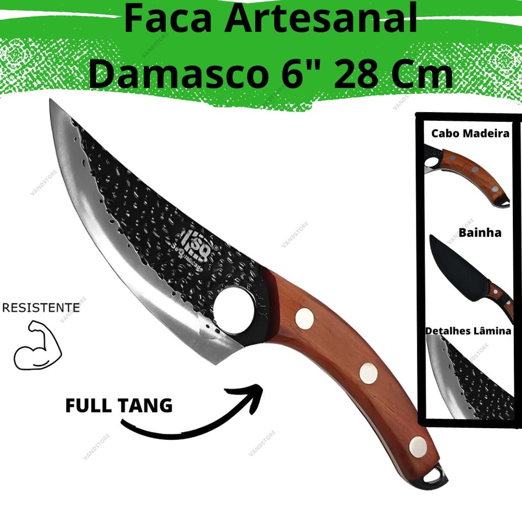 Faca Artesanal Damasco 6" 28 Cm Curva Cabo Madeira Full Tang e Bainha