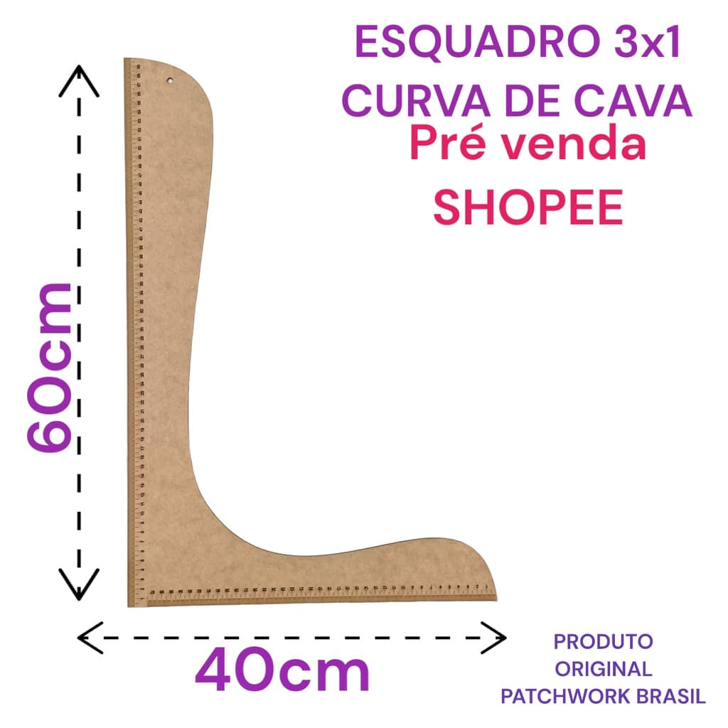 Régua esquadro curva de corte 3 em 1 com escala 60cm x 40cm, marrom, para patchwork