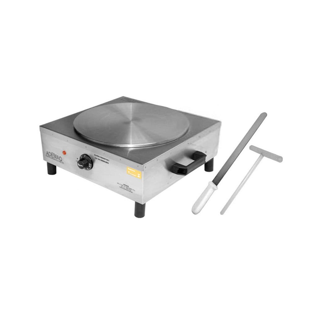 Máquina Crepe Francês Panquequeira Simples Elétrica Ademaq, cor prata, com espátulas incluídas.