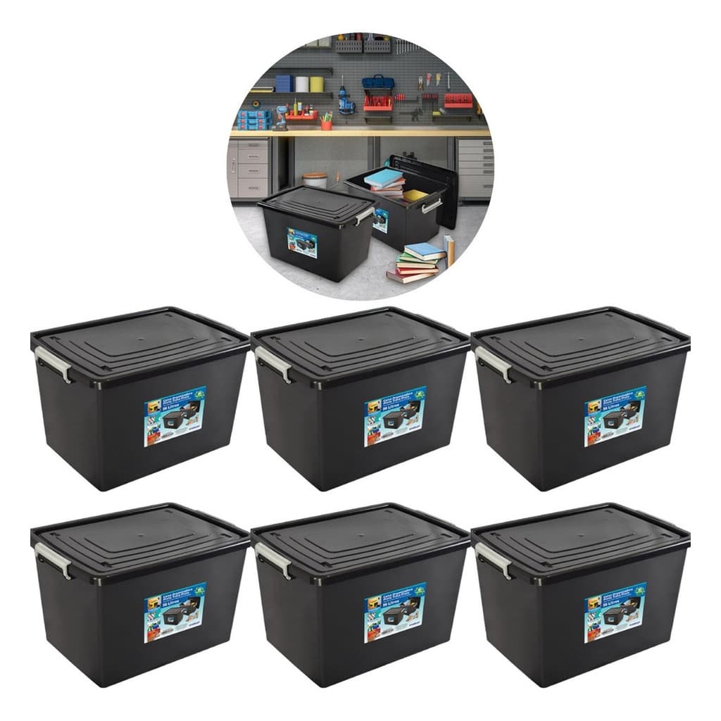 Kit 6 Caixas Organizadora Container Preta Com Tampa e Trava 56 Litros