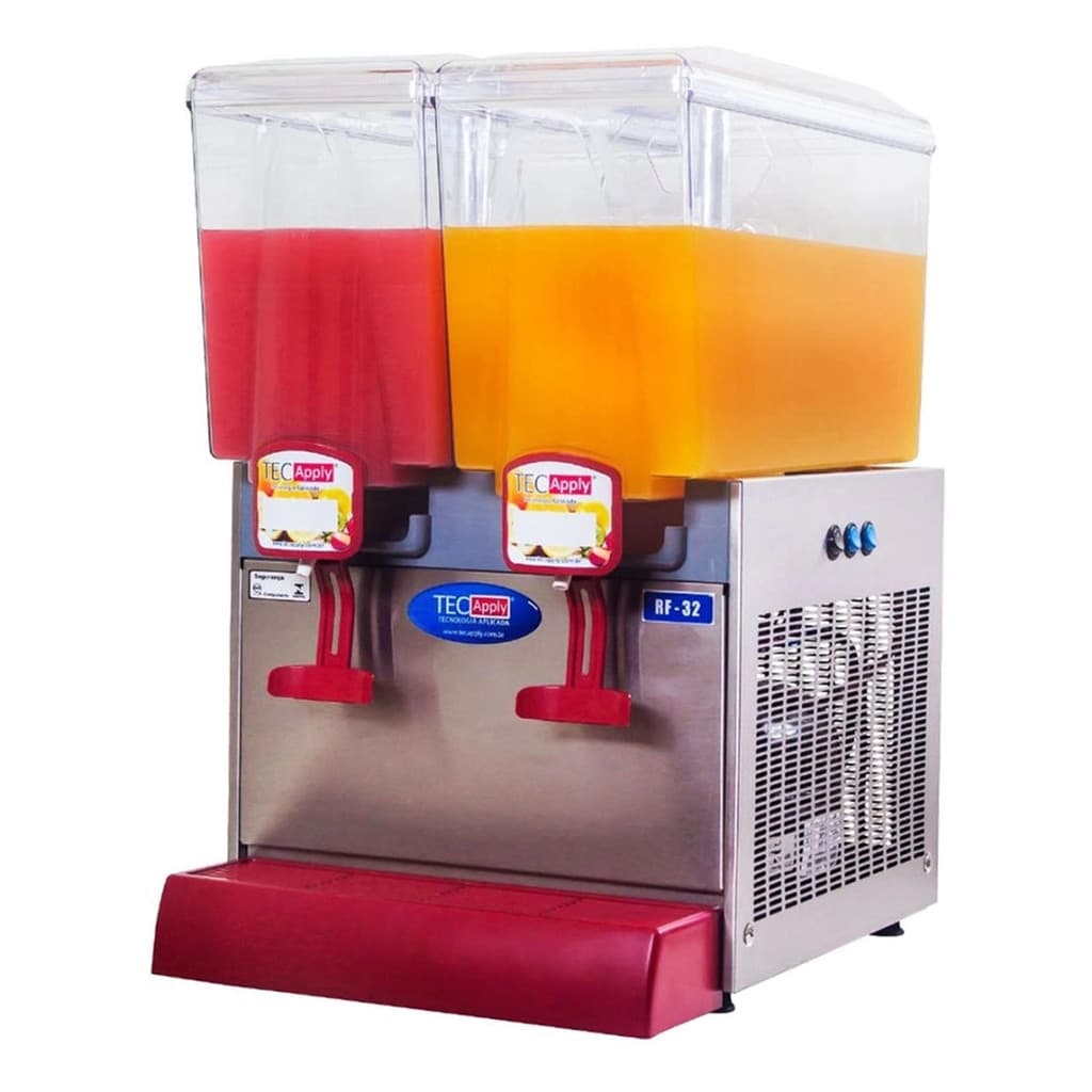 Refresqueira e suqueira dupla elétrica 30L Tecapply RF-32 com sucos vermelho e amarelo