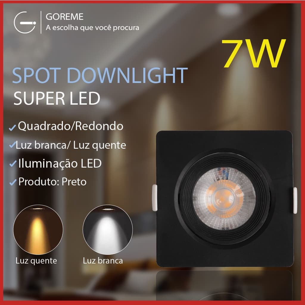 Luminária spot LED quadrado 7W preto com luz branca acesa