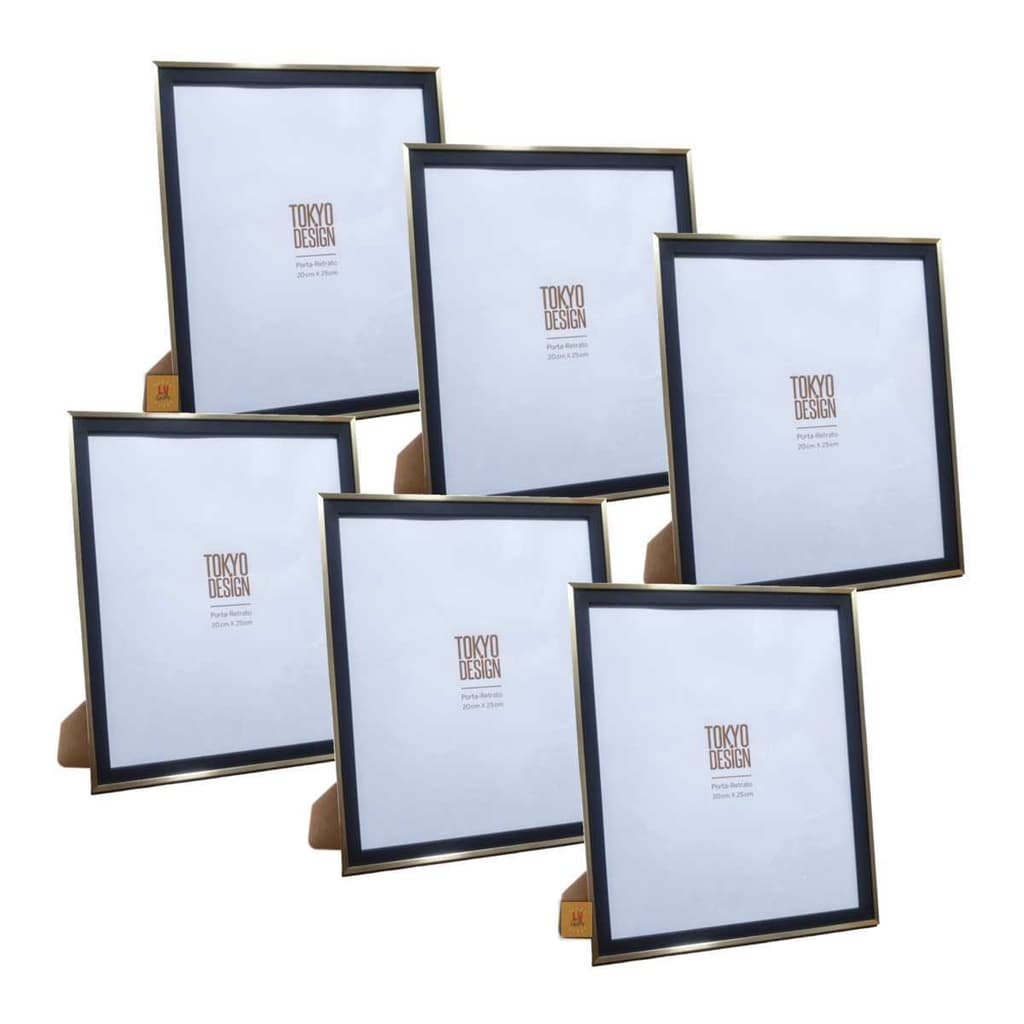 Kit de seis porta-retratos minimalistas Tokyo Design em MDF com moldura preta e borda dourada
