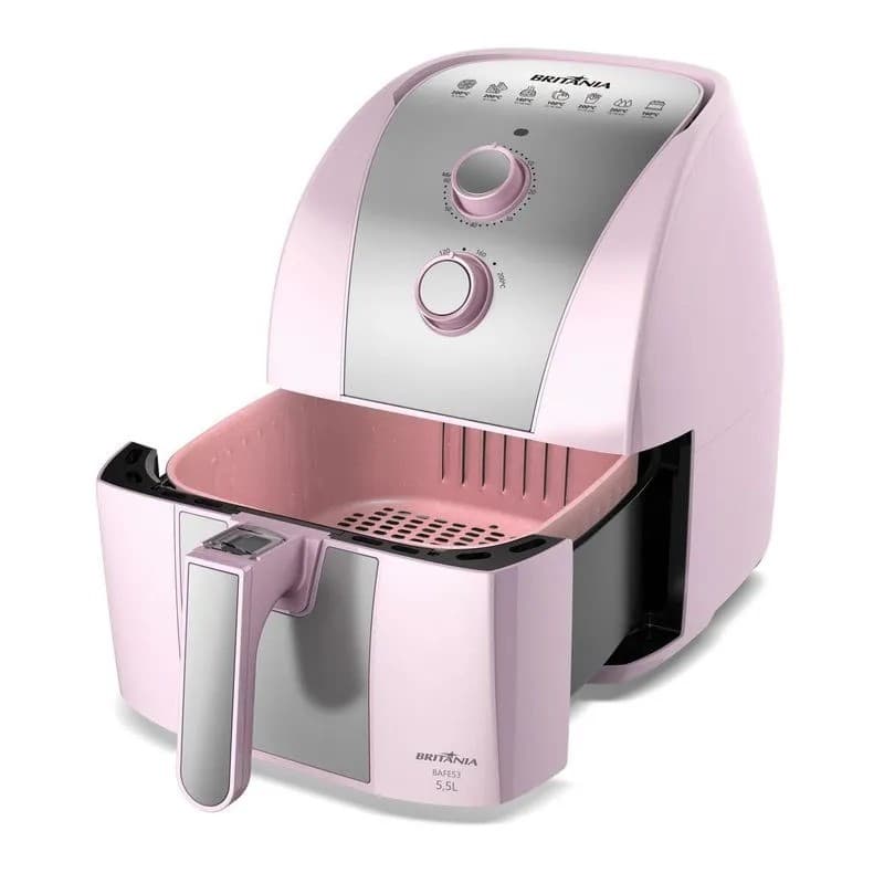 Fritadeira Elétrica Air Fryer Rosa Britânia 5,5 Litros Frita Sem Óleo 1500W