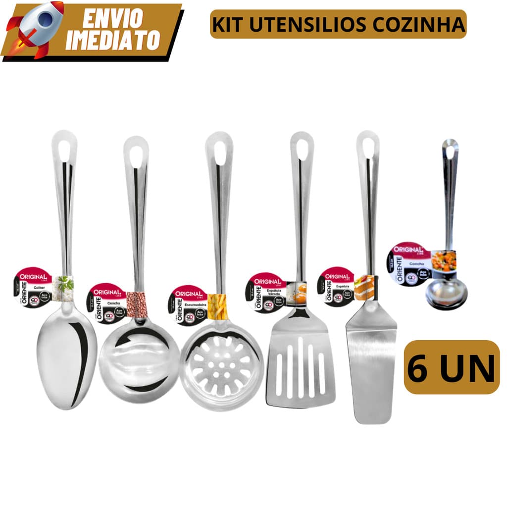 Kit 6 Utensílios de Cozinha Aço Inox com Colher, Concha, Escumadeira, Espátula de Bolo e Concha Caldo