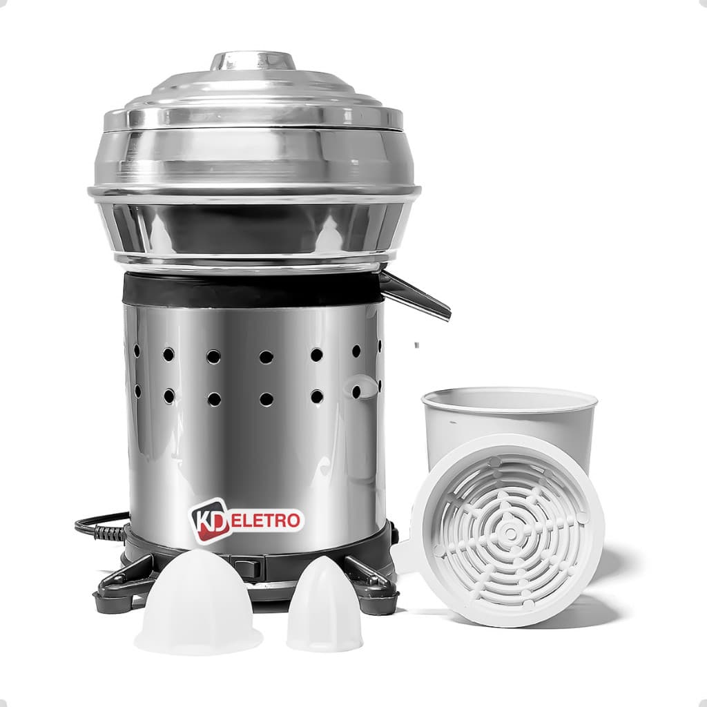 Espremedor extrator de sucos industrial em aço inoxidável KD ELETRO com recipiente e filtro
