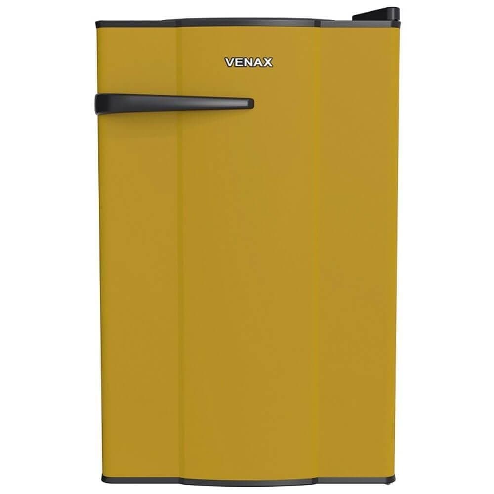 Frigobar Venax NGV 10 Amarelo 220V 7167 em fundo branco, mostrando o lado direito com logo Venax