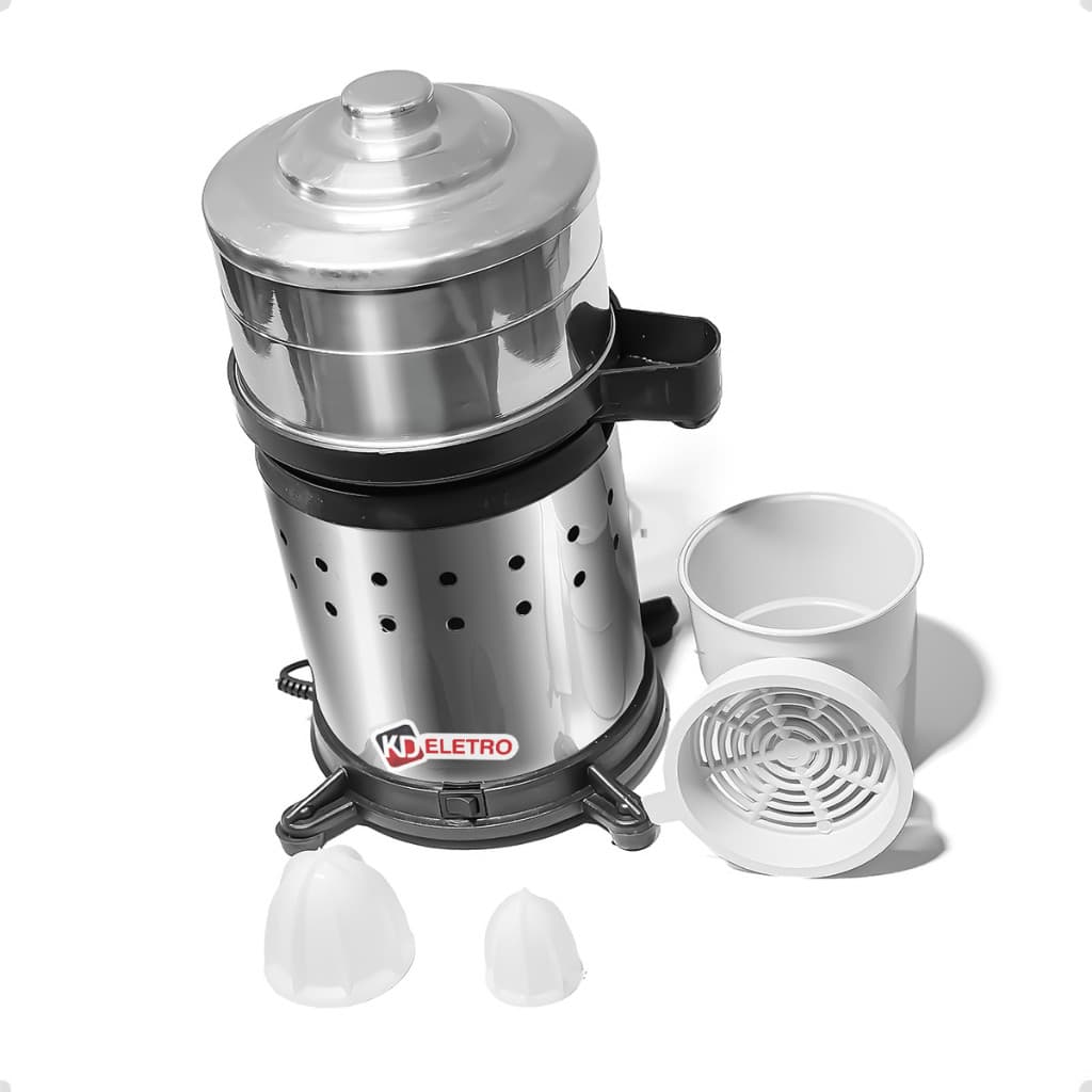Espremedor extrator industrial em aço inoxidável KD Eletro para sucos e frutas, com recipiente branco