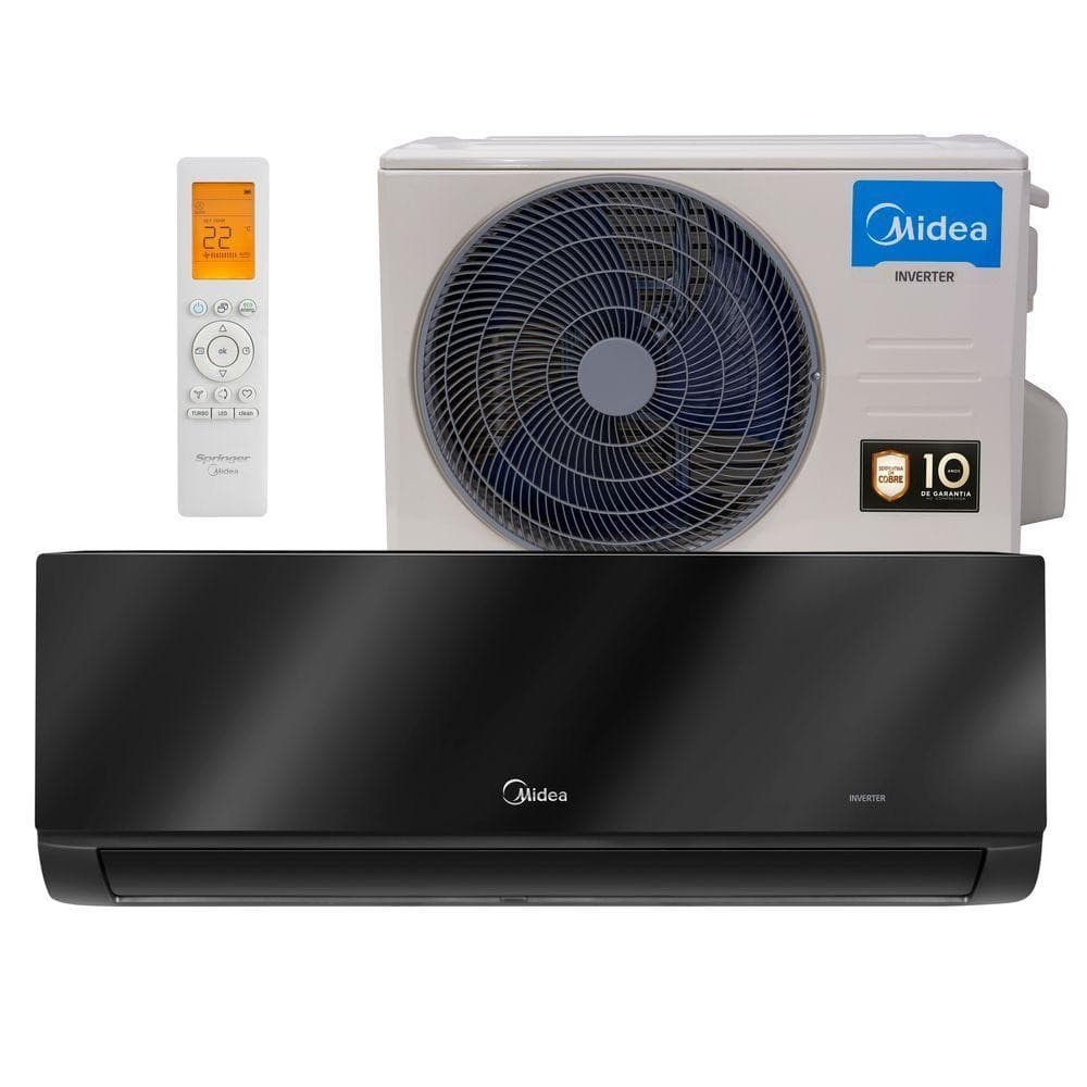 Ar Condicionado Inverter Midea Connect 18000 BTU, controle remoto, ventilador azul, logo Midea, fundo branco