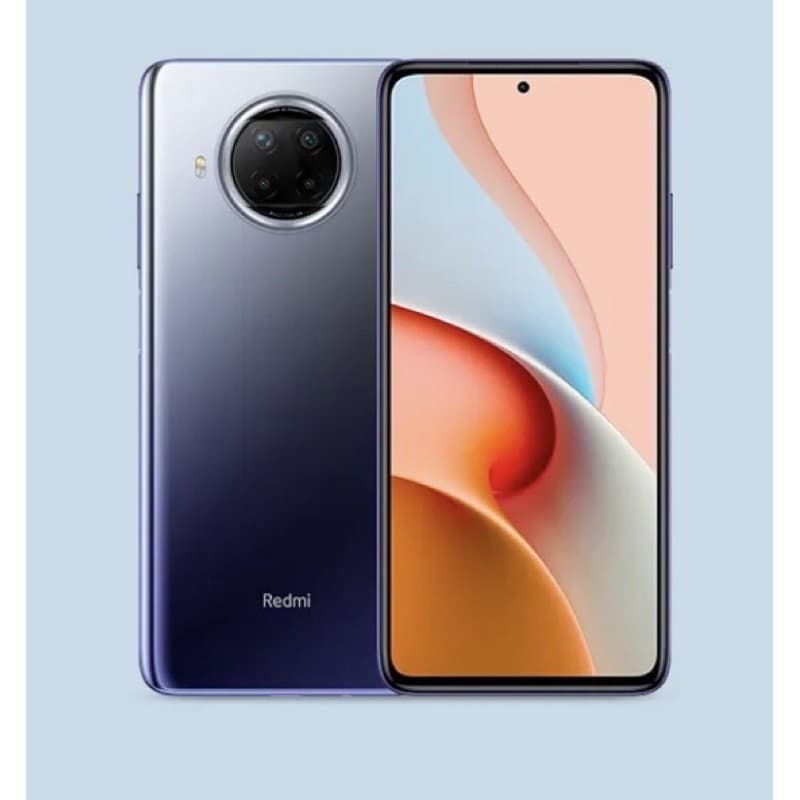 Smartphone Redmi em cor azul escuro com câmera quadrada e interface de usuário visível