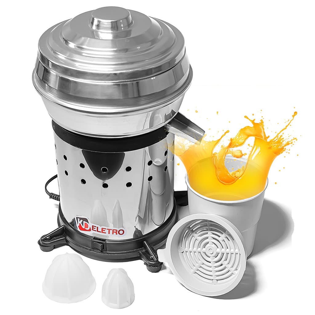 Espremedor extrator de sucos profissional em aço inoxidável, marca KDELETRO, com suco de laranja sendo extraído.