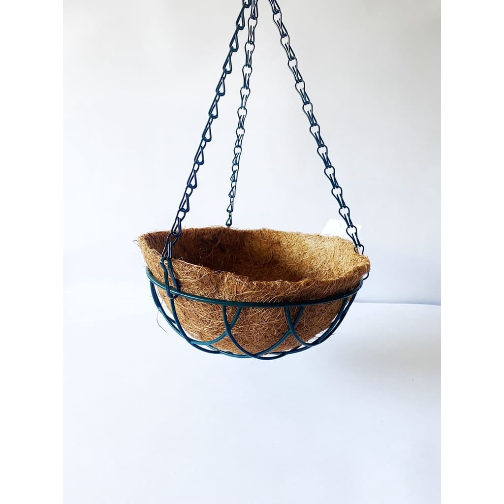 Vaso suspenso de fibra de coco com estrutura metálica azul