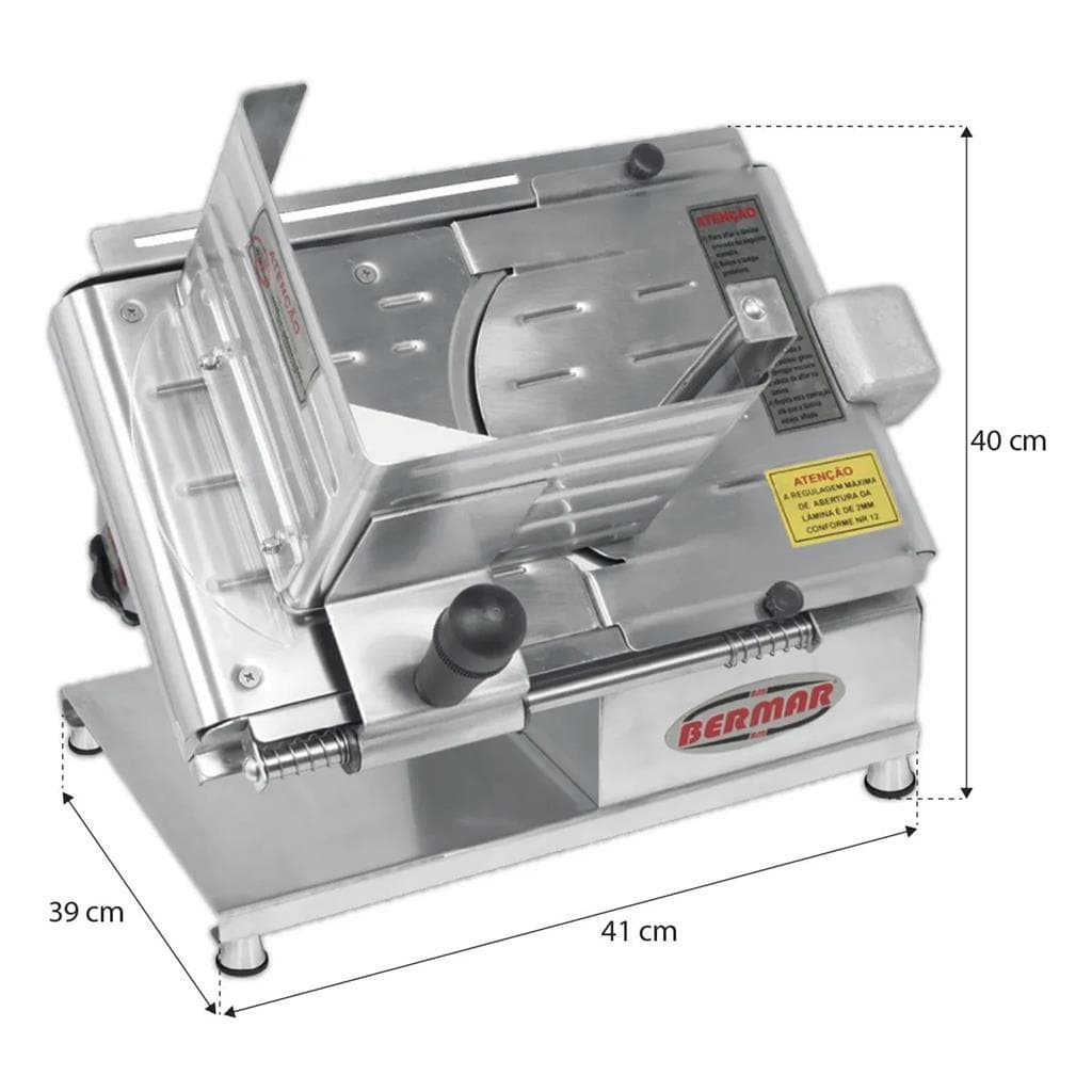 Cortador de frios semi-automático em aço inoxidável com lâmina de 200mm, marca Bermar