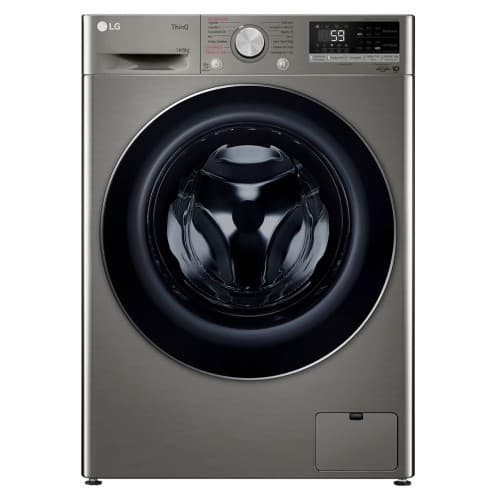 Máquina de lavar roupa frontal LG, cinza e preto, com porta de vidro e tela digital