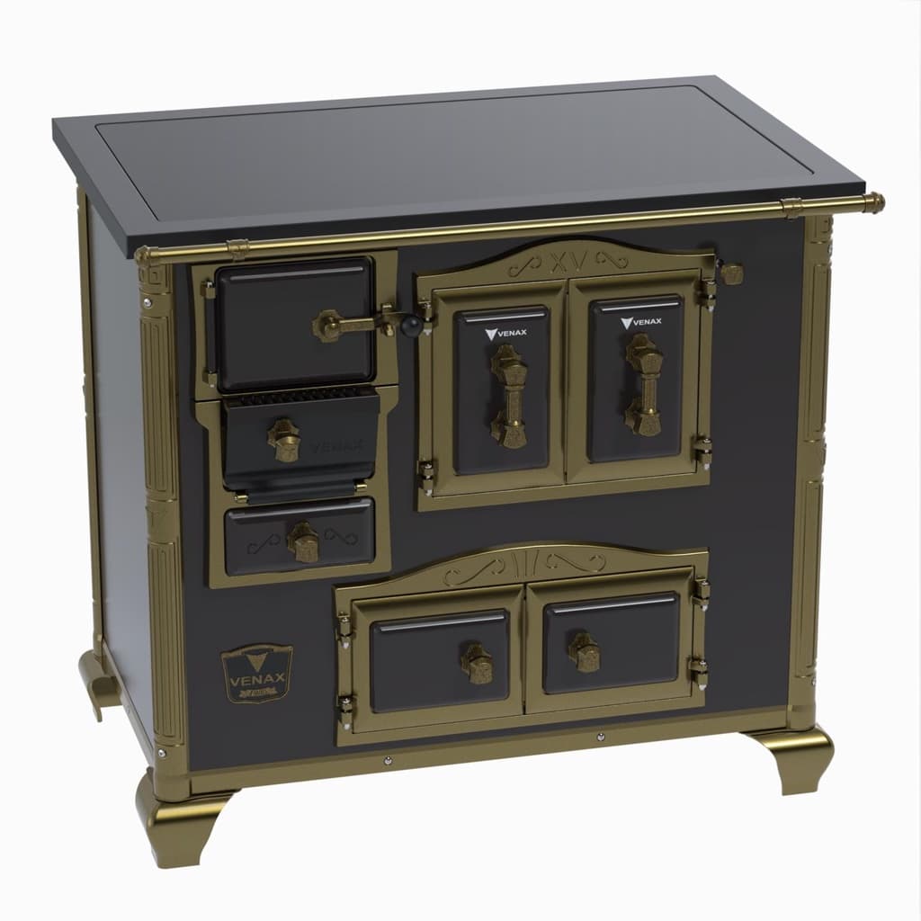 Fogao a Lenha Venax n 2 Imperador Premium Preto com design robusto e acabamento em preto e dourado.