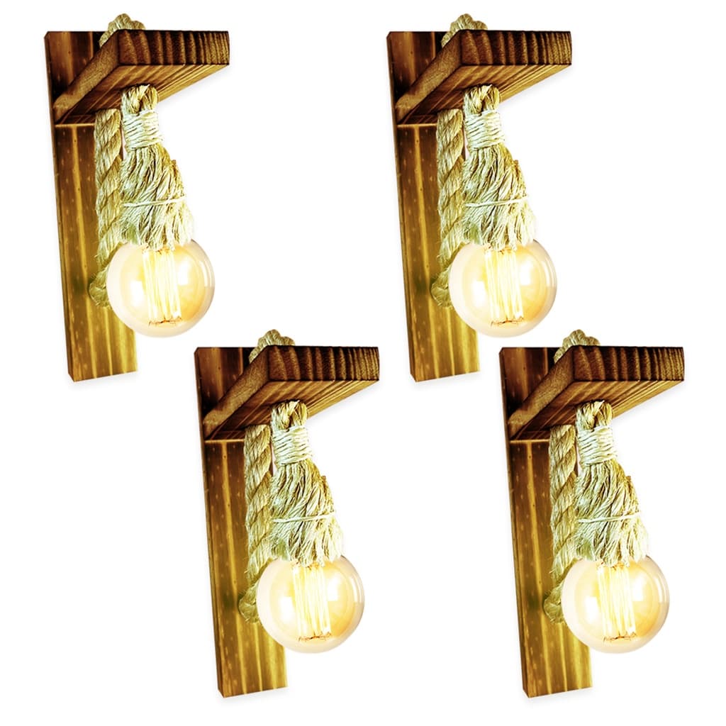 Kit 4 Arandela Luminária Parede Madeira Retrô Rústica Sisal com luzes amarelas