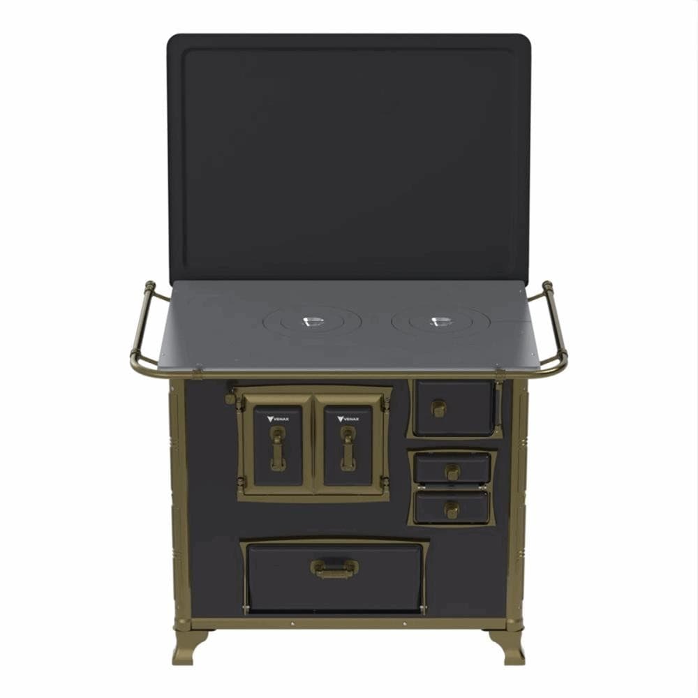 Fogão a lenha Venax GII N2 Renaissance, preto com detalhes em bronze, vista frontal