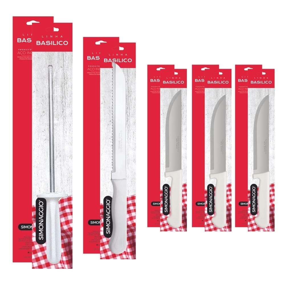 Conjunto de facas Simonaggio brancas em embalagens vermelhas com xadrez