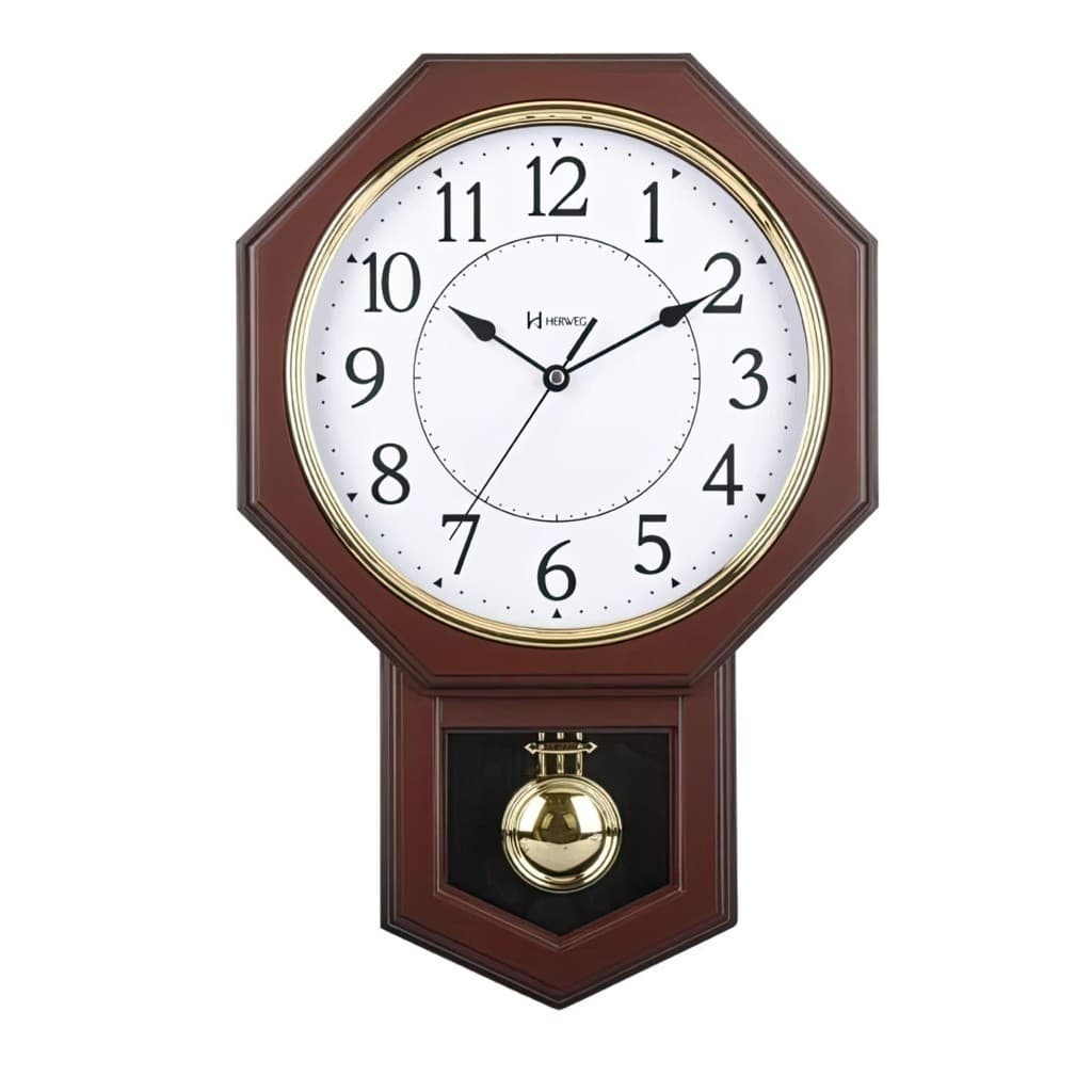 Relógio de parede octogonal Herweg com pêndulo dourado e mostrador branco