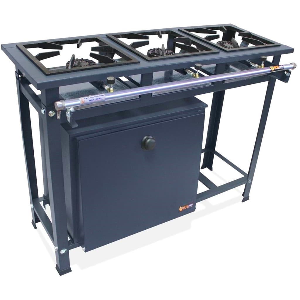 Fogão Industrial 3 Bocas Alta Pressão P7 com Forno 66L Tampa Pintada Metalfour